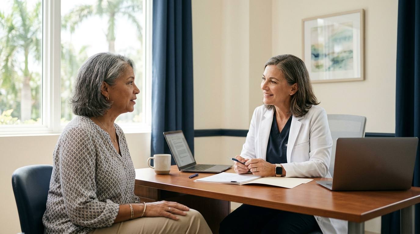 Hormone therapy consultation across a desk