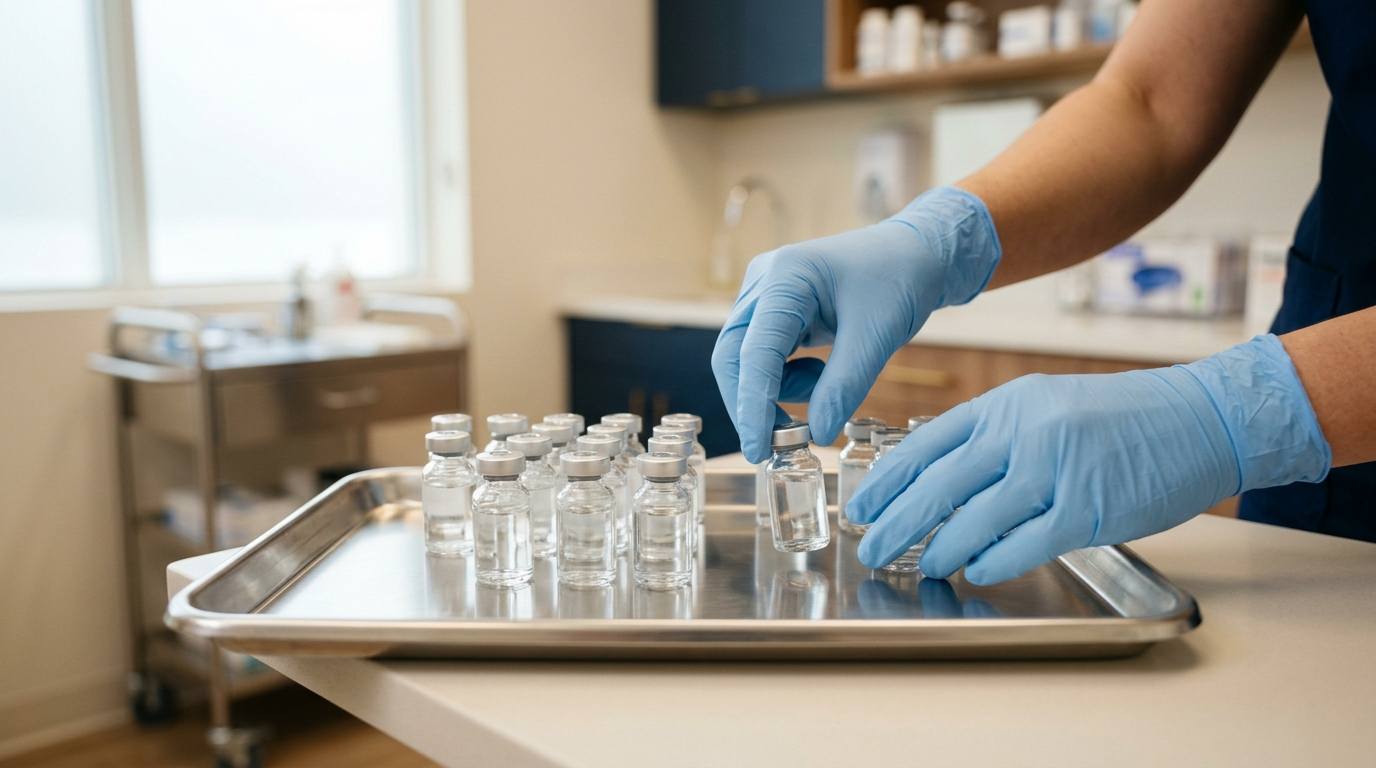 Peptide vials and syringe on a counter