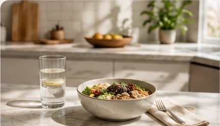 Balanced meal preparation on a kitchen counter