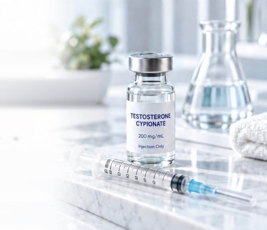 Testosterone cypionate vial and syringe on a marble counter