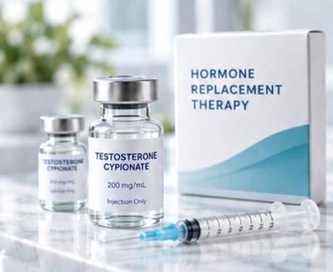 Hormone replacement therapy vials, box and syringe