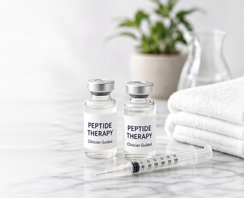 Two peptide vials and a syringe on a marble counter beside folded towels