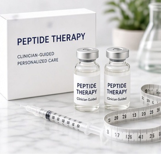 Peptide therapy box with two vials, a syringe and a measuring tape