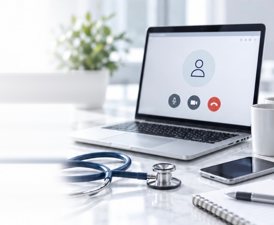 Laptop on a video visit beside a stethoscope and phone