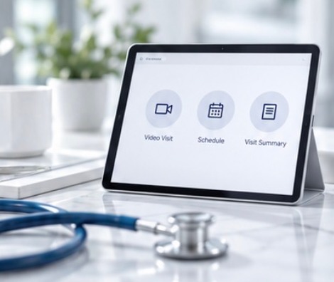 Tablet showing video visit, scheduling and visit summary