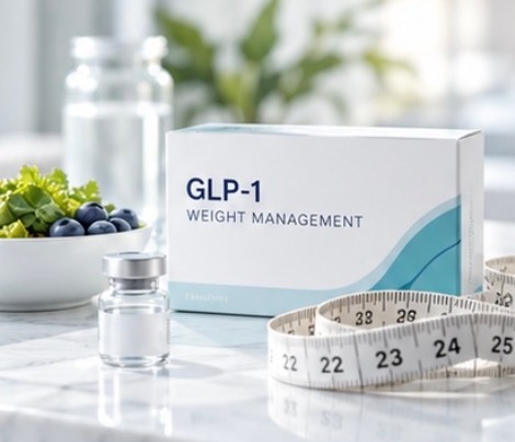 GLP-1 weight management box, vial, berries and measuring tape
